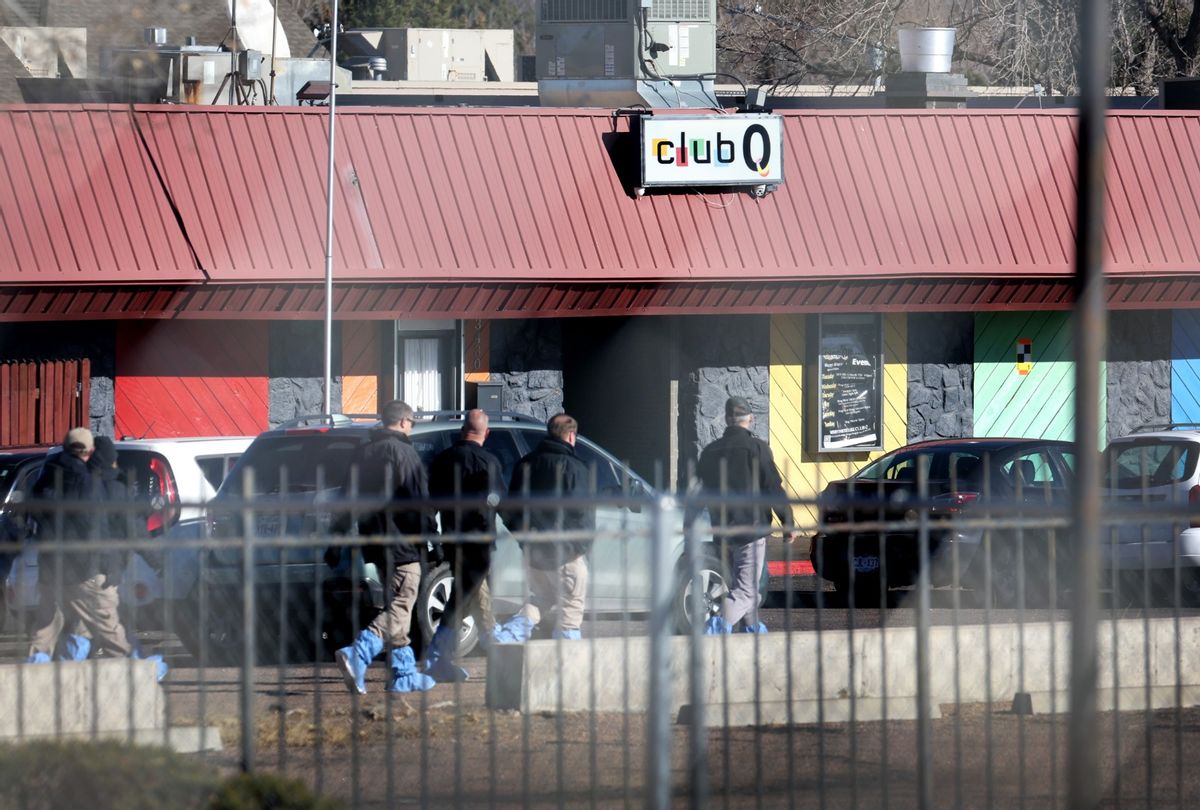 Law enforcement officials continue their investigation into Saturday's shooting at the Club Q nightclub on November 21, 2022 in Colorado Springs, Colorado.  (Scott Olson/Getty Images)