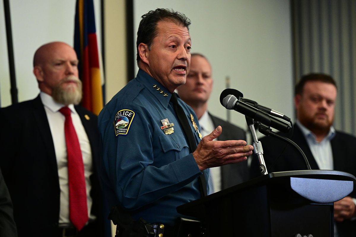 Colorado Springs Police Department Chief Adrian Vasquez addresses members of the media during a news briefing at the Police Operations Center to make updates on the mass shooting on November 21, 2022 in Colorado Springs, Colorado. (Helen H. Richardson/MediaNews Group/The Denver Post via Getty Images)