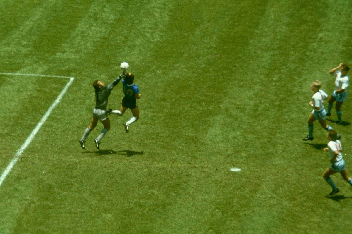 Diego Maradona's "Hand of God" Goal during the 1986 FIFA World Cup Quarter Final at the Azteca Stadium on June 22, 1986 in Mexico City, Mexico. (Allsport/Getty Images)