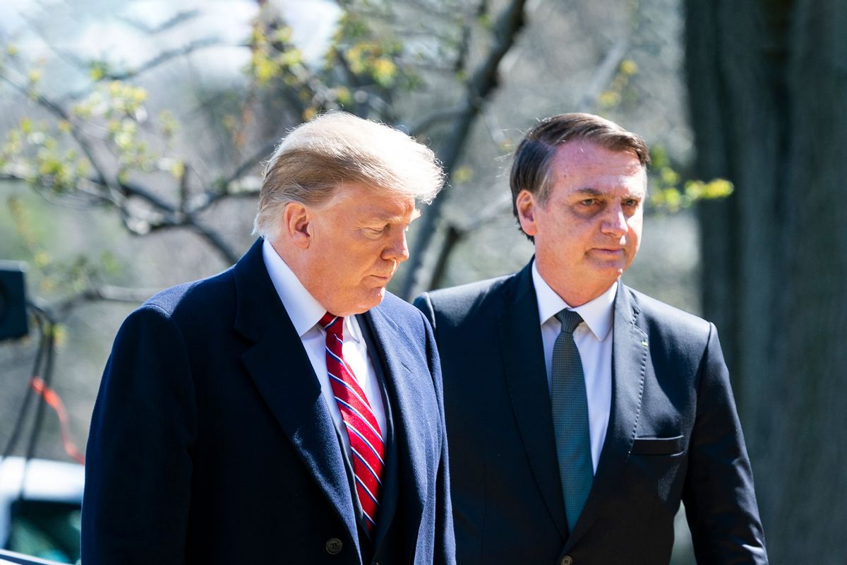 U.S. President Donald Trump and Brazilian President Jair Bolsonaro leave a joint news conference in the Rose Garden at the White House March 19, 2019 in Washington, DC (Jim Lo Scalzo-Pool/Getty Images)
