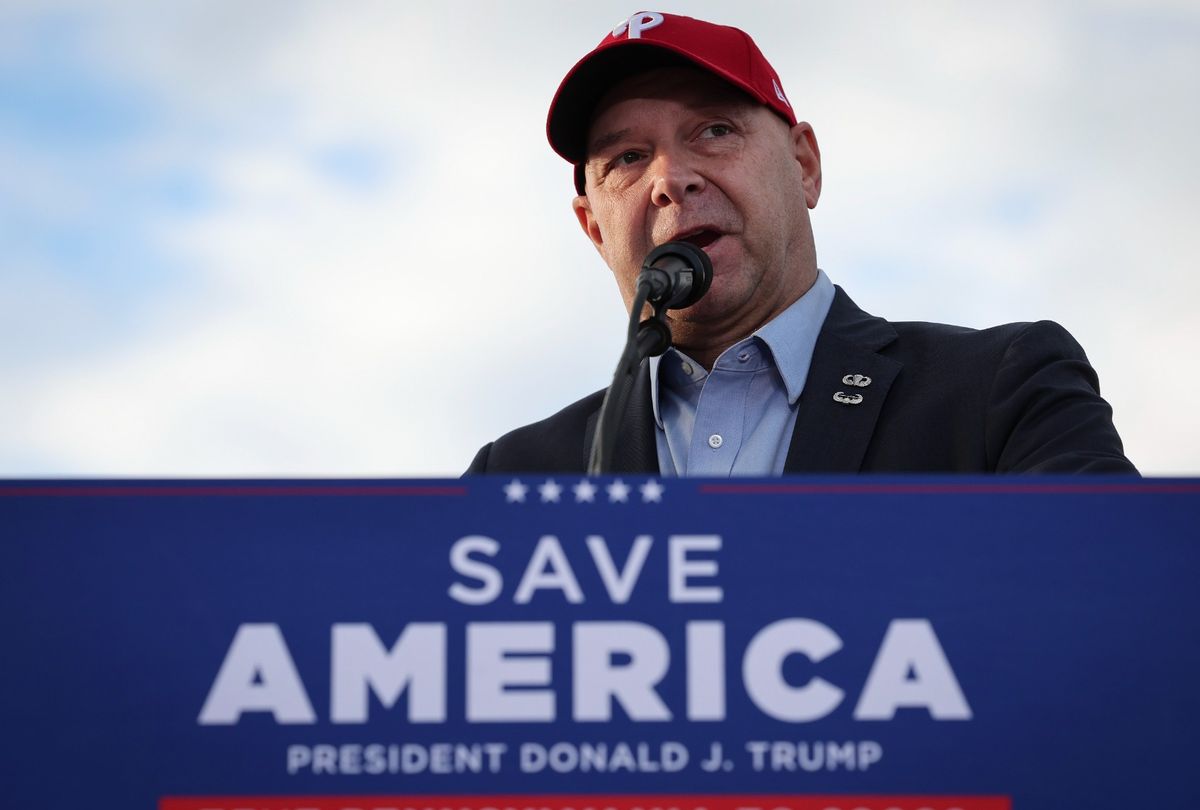 Pennsylvania Republican gubernatorial candidate Doug Mastriano speaks during a rally featuring former U.S. President Donald Trump at the Arnold Palmer Regional Airport November 5, 2022 in Latrobe, Pennsylvania. (Win McNamee/Getty Images)