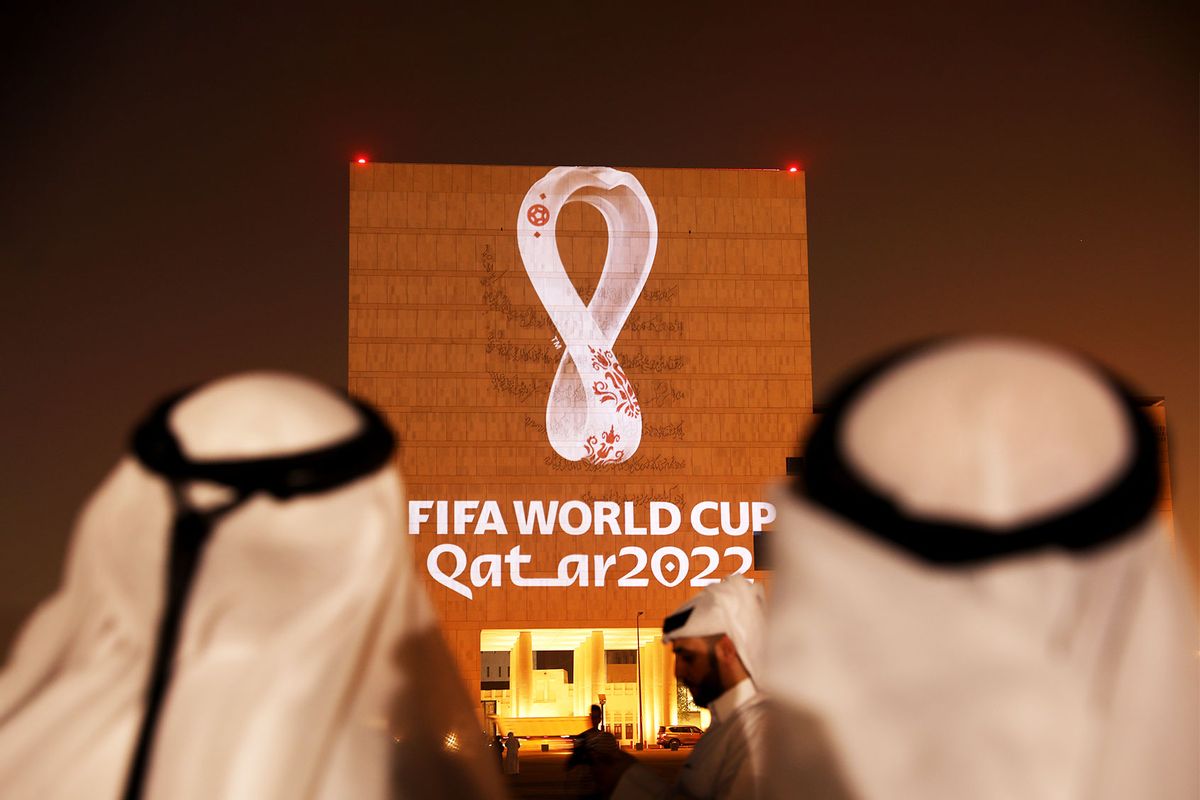 The Official Emblem of the FIFA World Cup Qatar 2022™️ is unveiled in Doha's Souq Waqif on the Msheireb - Qatar National Archive Museum building on September 03, 2019 in Doha, Qatar. (Christopher Pike/Getty Images for Supreme Committee 2022)