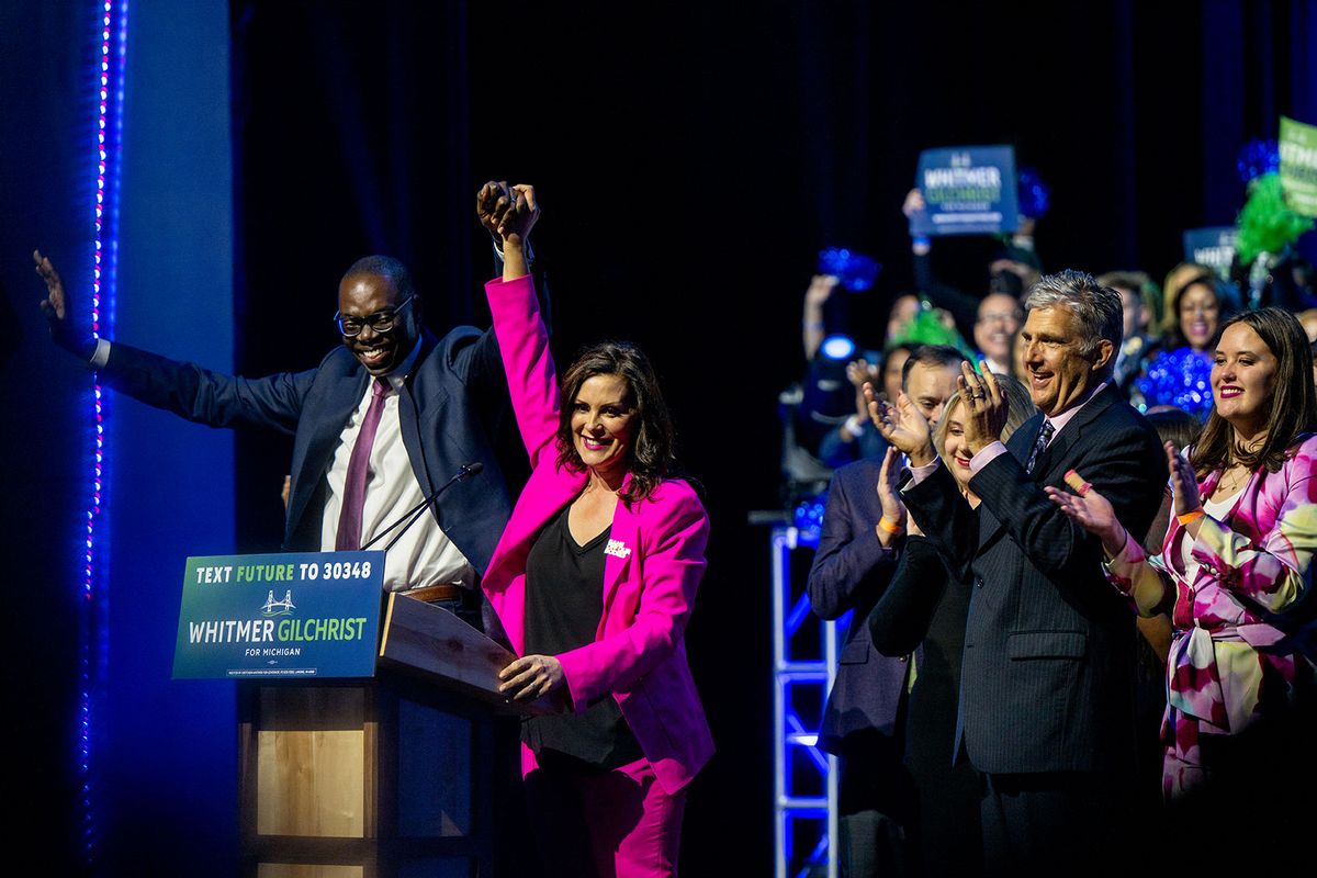 Lt. Gov. Garlin Gilchrist II and Gov. Gretchen Whitmer celebrate during an election night watch party at MotorCity Casino Hotel on November 09, 2022 in Detroit, Michigan. (Brandon Bell/Getty Images)