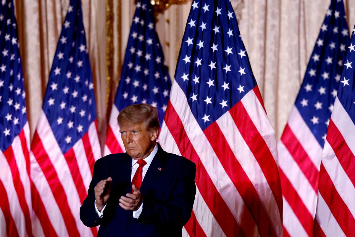 Former US President Donald Trump applauds while speaking at the Mar-a-Lago Club in Palm Beach, Florida, on November 15, 2022. ( ALON SKUY/AFP via Getty Images)