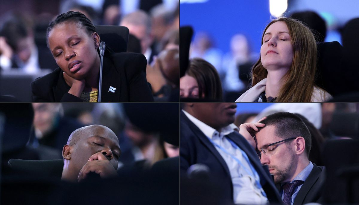 This combination of photos shows participants snoozing during the closing session of the COP27 climate conference at the Sharm el-Sheikh International Convention Centre in Egypt. (Joseph Eid/AFP via Getty Images)
