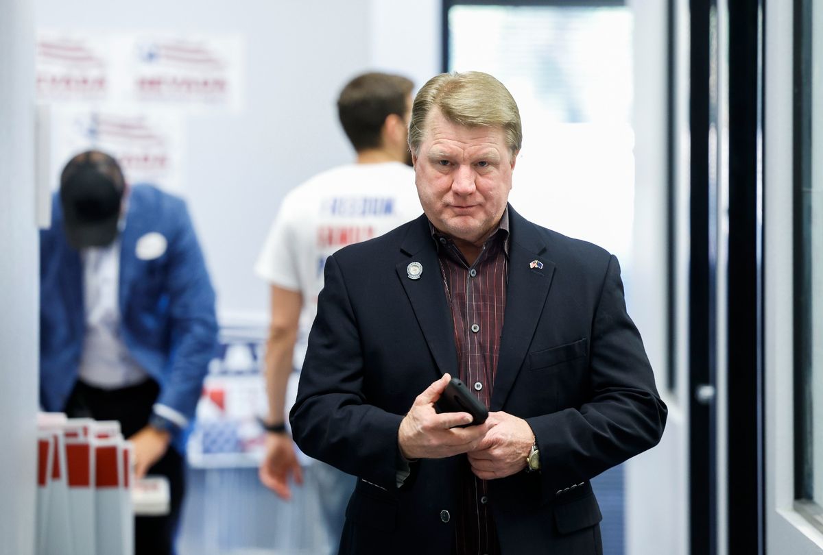 Jim Marchant, Republican candidate for Nevada secretary of state, arrives at a rally at the local Republican Party offices on November 06, 2022 in Henderson, Nevada.  (Anna Moneymaker/Getty Images)