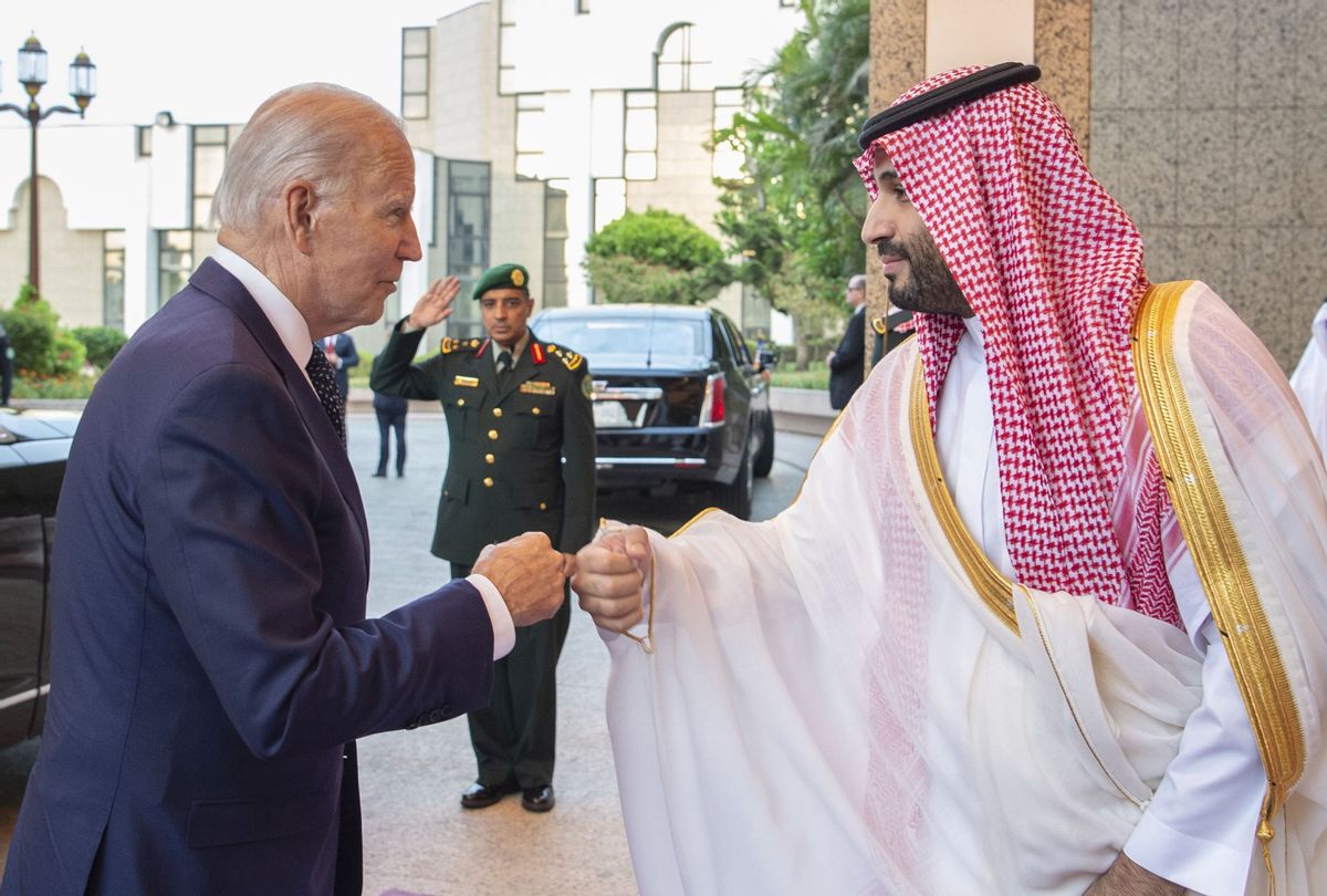 President Joe Biden (L) being welcomed by Saudi Arabian Crown Prince Mohammed bin Salman (R) at Alsalam Royal Palace in Jeddah, Saudi Arabia on July 15, 2022.  (Royal Court of Saudi Arabia / Handout/Anadolu Agency via Getty Images)