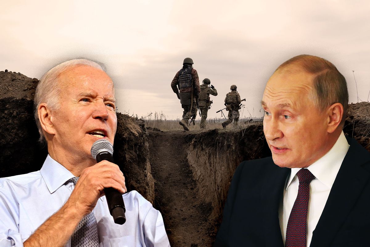 Joe Biden and Vladimir Putin | Ukrainian soldiers from the 63 brigade are seen leaving the trenches after military training (Photo illustration by Salon/Getty Images)