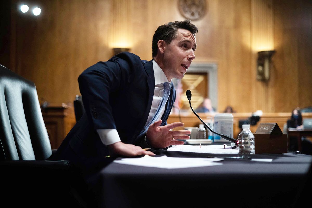 Senator Josh Hawley (R-MO) questions Alejandro Mayorkas, Secretary of Homeland Security, during a Senate Homeland Security and Government Affairs Committee hearing May 13, 2021 on Capitol Hill in Washington, DC. (Graeme Jennings-Pool/Getty Images)