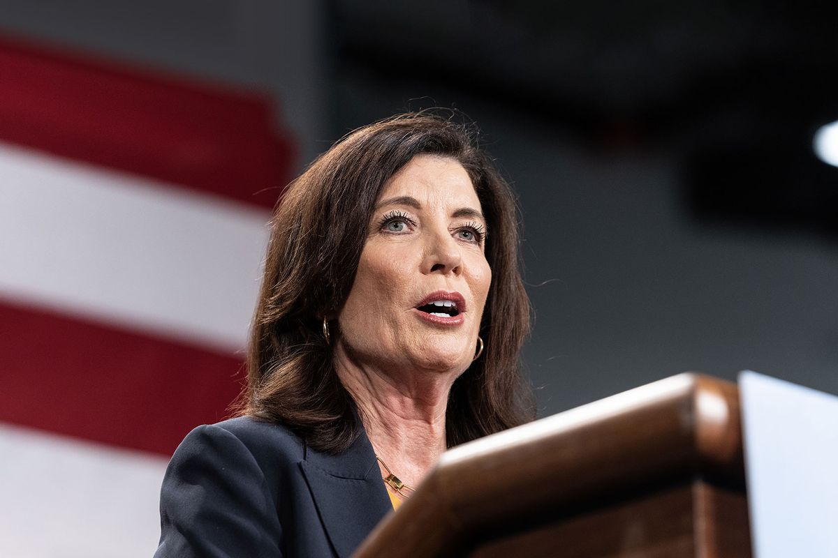 Governor Kathy Hochul speaks during election campaign rally organized by New York State Democratic Committee at BKLYN Studios in New York on November 5, 2022. (Lev Radin/Anadolu Agency via Getty Images)