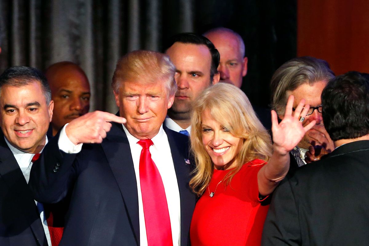 Donald Trump gestures to Kellyanne Conway after addressing his supporters and celebrating his Presidential win at his election night event at the New York Hilton Midtown in New York City on Nov. 9, 2016. (Jessica Rinaldi/The Boston Globe via Getty Images)
