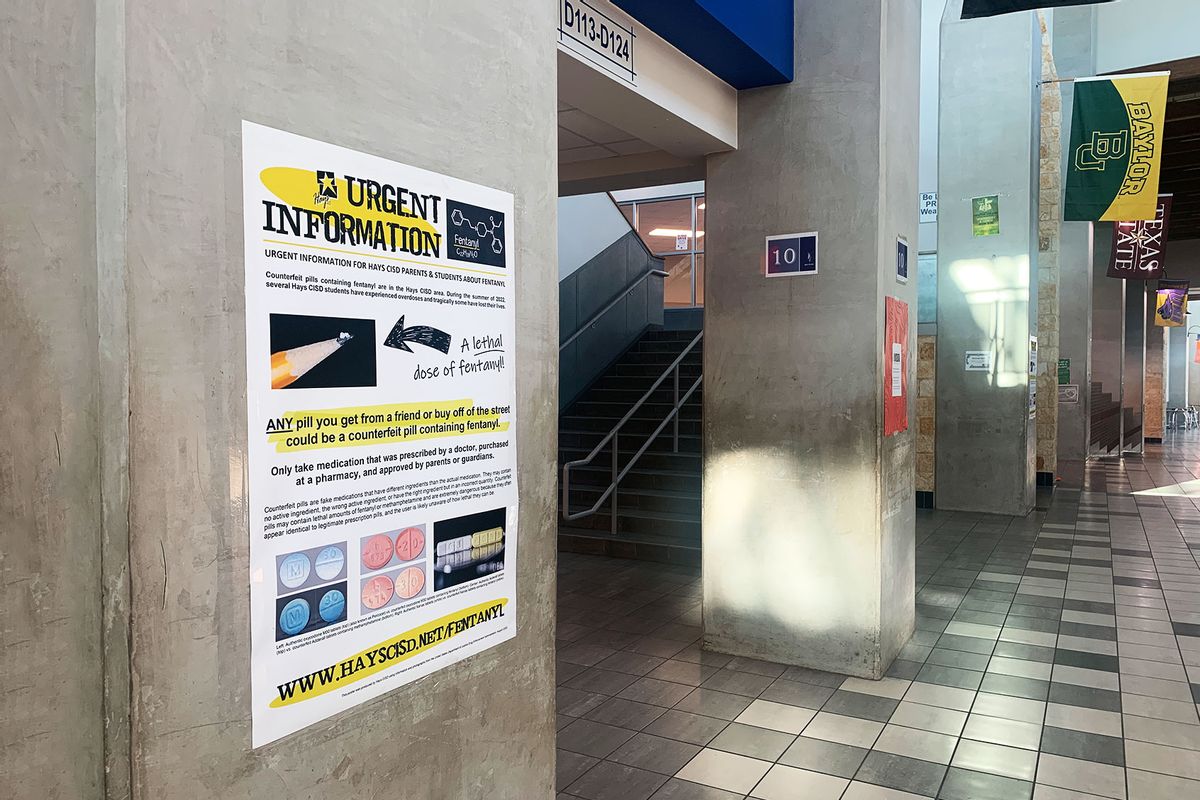 At Lehman High School in Kyle, Texas, a poster warns about the dangers of fentanyl. Four students in the Hays Consolidated Independent School District, south of Austin, died from fentanyl overdoses in July and August. (Colleen DeGuzman/KHN)
