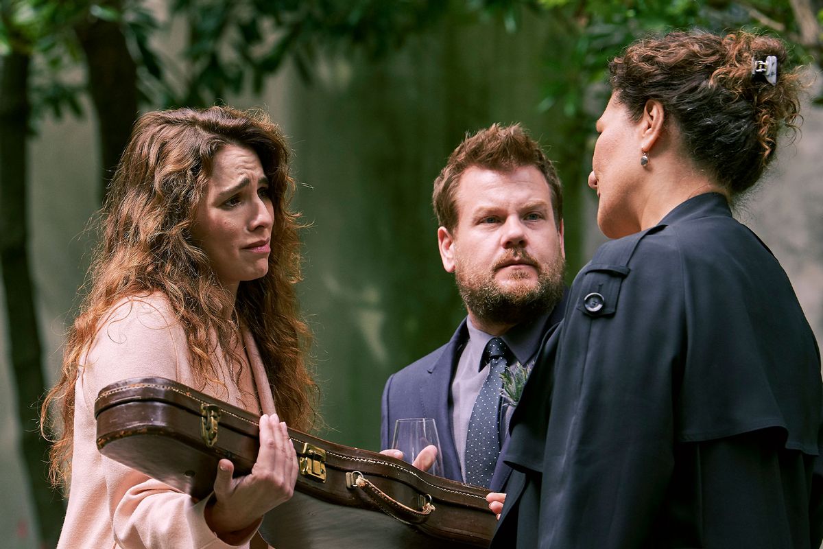Melia Kreiling, James Corden and Caroline Long in "Mammals" (Rory Mulvey/Prime Video)