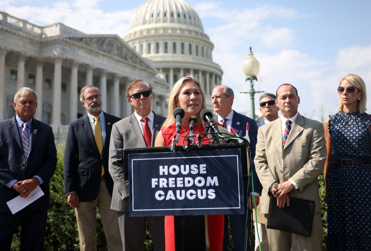 Rep. Marjorie Taylor Greene (R-GA) speaks at a news conference with members of the House Freedom Caucus outside the Capitol Building on August 23, 2021 in Washington, DC.  (Kevin Dietsch/Getty Images)