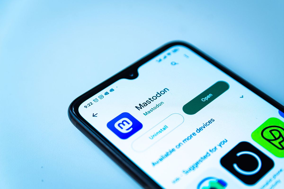 Mastodon app logo is seen in the Android store displayed on a mobile phone screen. (Photo Illustration by Davide Bonaldo/SOPA Images/LightRocket via Getty Images)