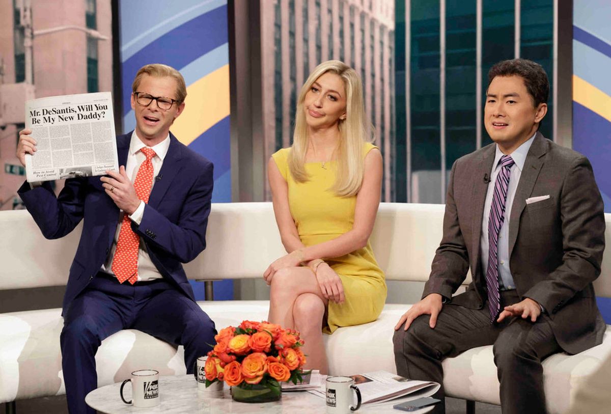Mikey Day as Steve Doocy, Heidi Gardner as Ainsley Earhardt, and Bowen Yang as Brian Kilmeade during “Fox & Friends” Cold Open on Saturday, November 12, 2022  (Will Heath/NBC)