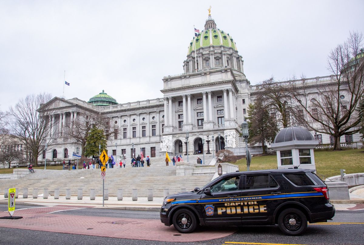 A Pennsylvania Capitol Police car seen in front of the Pennsylvania State Capitol. (Paul Weaver/SOPA Images/LightRocket via Getty Images)