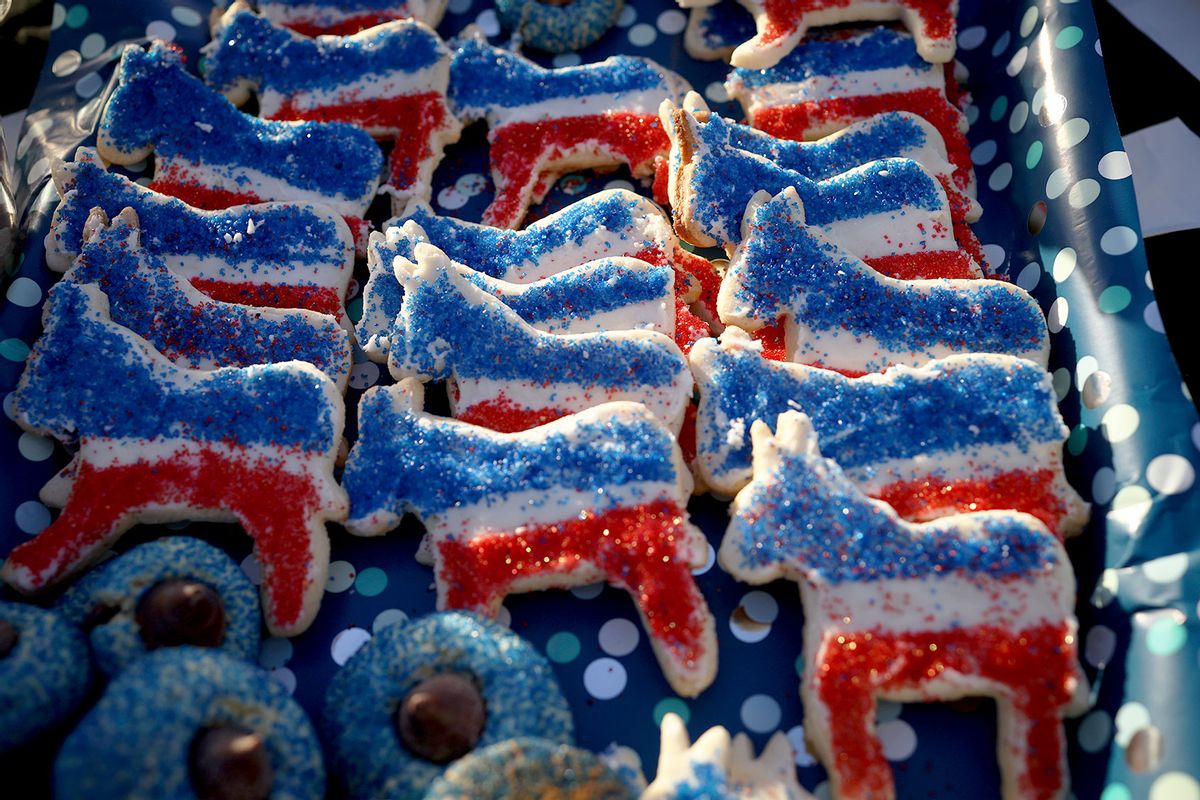 Red, white and blue donkey-shaped cookies are laid out for voters by members of the Pennsylvania Democratic Party at the Bryn Athyn Borough Hall polling station on November 08, 2022 in Huntingdon Valley, Pennsylvania. (Win McNamee/Getty Images)