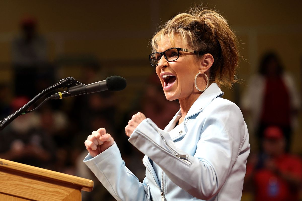 U.S. House candidate former Alaska Gov. Sarah Palin speaks during a "Save America" rally at Alaska Airlines Center on July 09, 2022 in Anchorage, Alaska. (Justin Sullivan/Getty Images)