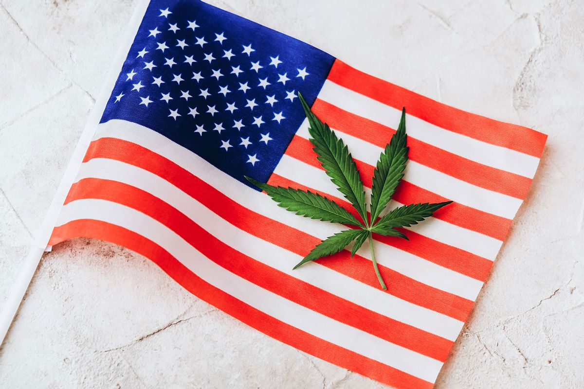 Small cannabis leaf on USA flag (Getty Images/Olena Ruban)