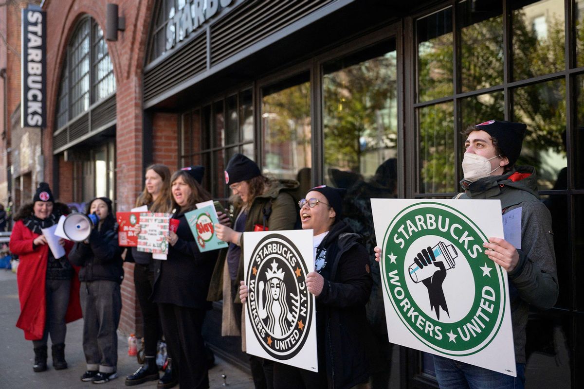 Starbucks workers strike outside a Starbucks coffee shop on November 17, 2022 in the Brooklyn borough of New York City. (ANGELA WEISS/AFP via Getty Images)