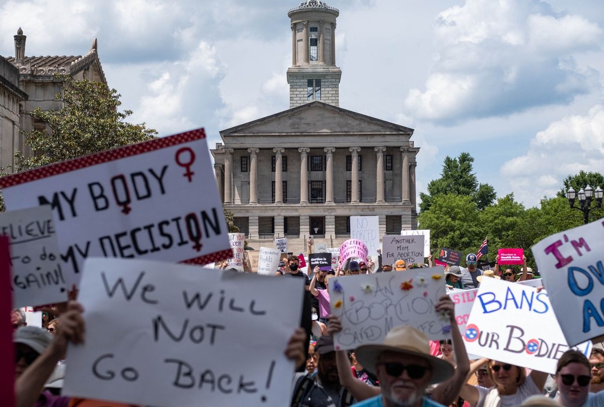 Activists march near the Tennessee State Capital building in Nashville, Tennessee, May 14,2022 as part of a nation wide protest for reproductive rights. (SETH HERALD/AFP via Getty Images)