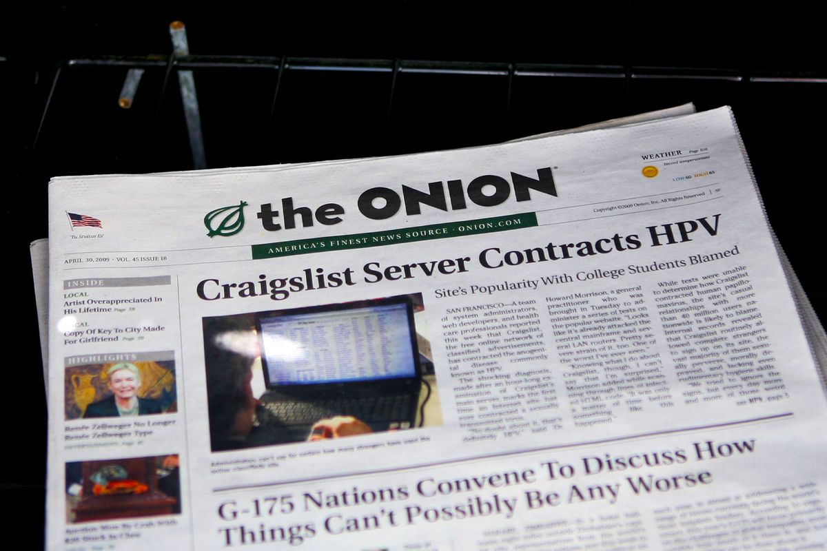 A copy of the Onion is seen in a news rack May 5, 2009 in San Francisco, California. (Getty Images/Justin Sullivan)
