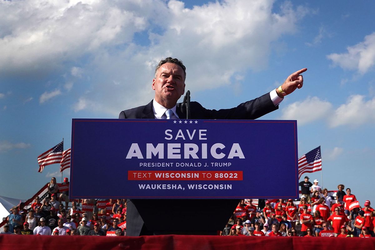 Wisconsin Republican gubernatorial candidate Tim Michels speaks to guests during a rally hosted by former President Donald Trump on August 05, 2022 in Waukesha, Wisconsin. (Scott Olson/Getty Images)