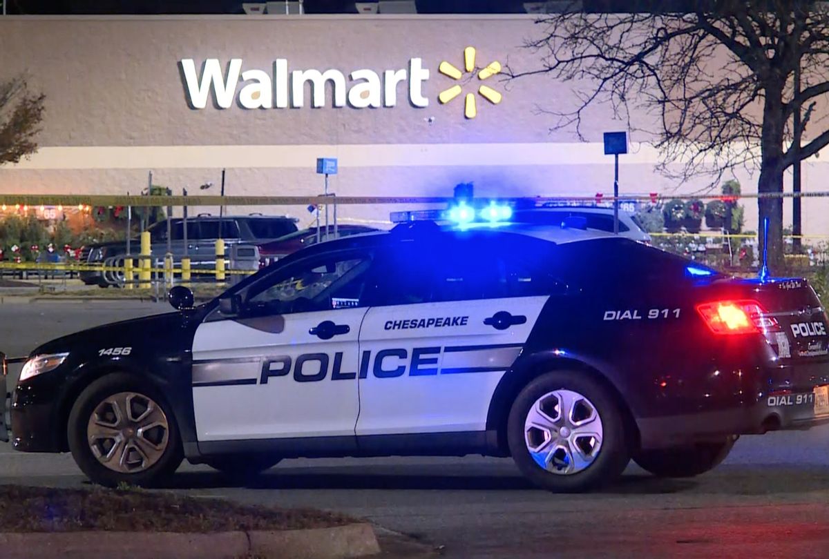 Screen grab from a video shows a police car after at least 6 people were killed in a gun attack at a supermarket in Virginia, USA on November 23, 2022. (Yasin Ozturk/Anadolu Agency via Getty Images)