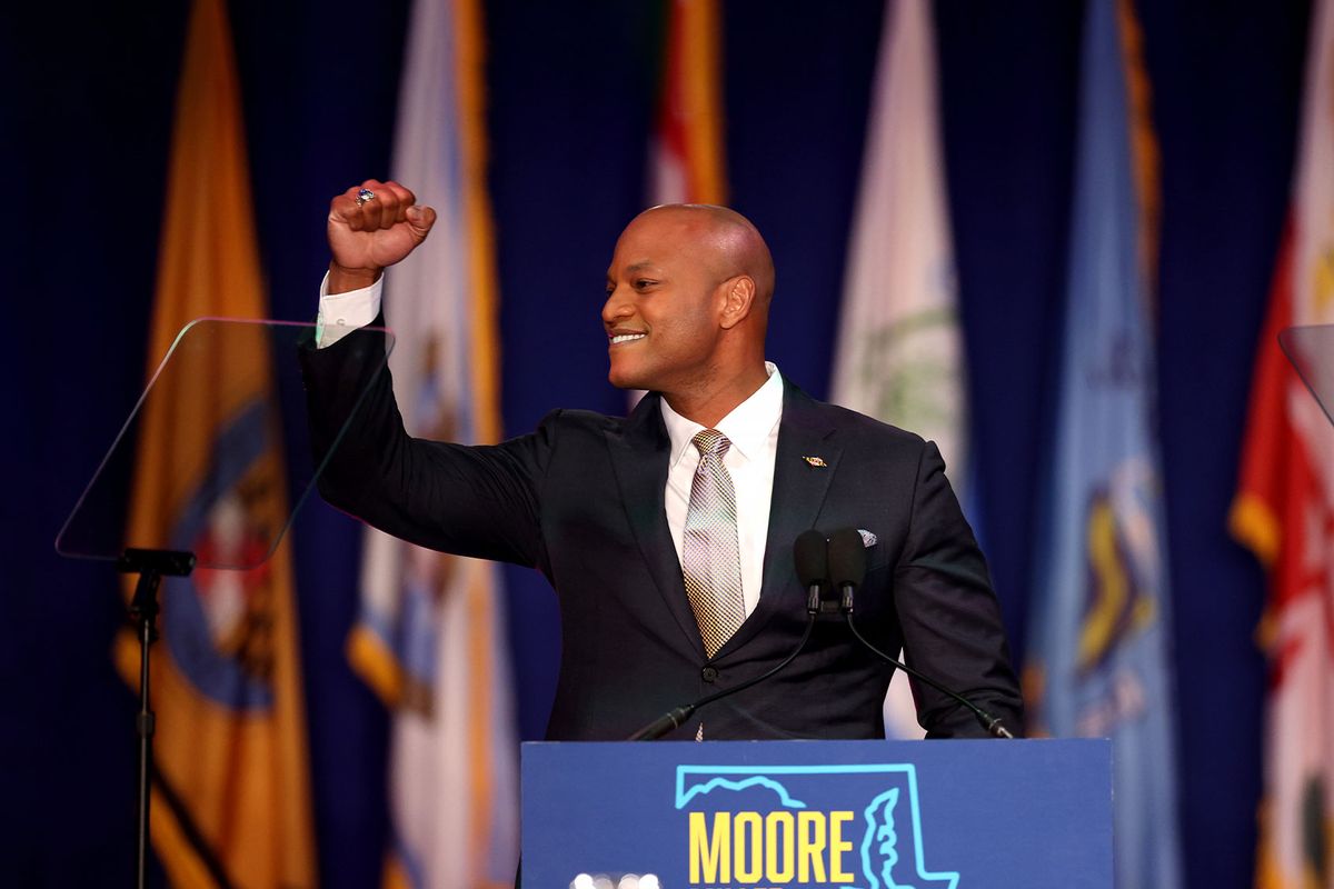 Democratic gubernatorial nominee Wes Moore celebrates before addressing supporters after defeating Republican nominee Dan Cox on November 08, 2022 in Baltimore, Maryland. (Rob Carr/Getty Images)