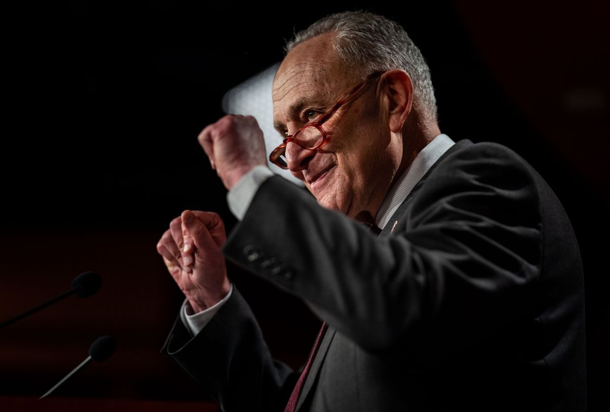 Senate Majority Leader Chuck Schumer (D-NY) speaks at a news conference following a Senate vote on government funding in the Senate Studio at the U.S. Capitol Building on Thursday, Dec. 22, 2022 in Washington, DC.  (Kent Nishimura / Los Angeles Times via Getty Images)