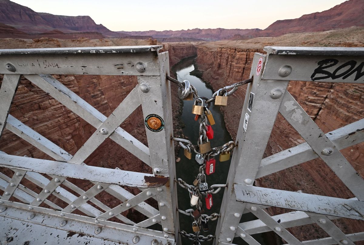 Locks are seen on the old Navajo Bridge over the Colorado River at Marble Canyon, Arizona, on August 31, 2022.  (ROBYN BECK/AFP via Getty Images)