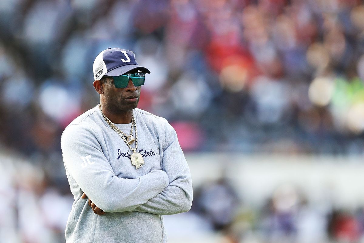 Head coach Deion Sanders of the Jackson State Tigers looks on before the game against the Southern University Jaguars in the SWAC Championship at Mississippi Veterans Memorial Stadium on December 03, 2022 in Jackson, Mississippi. (Justin Ford/Getty Images)