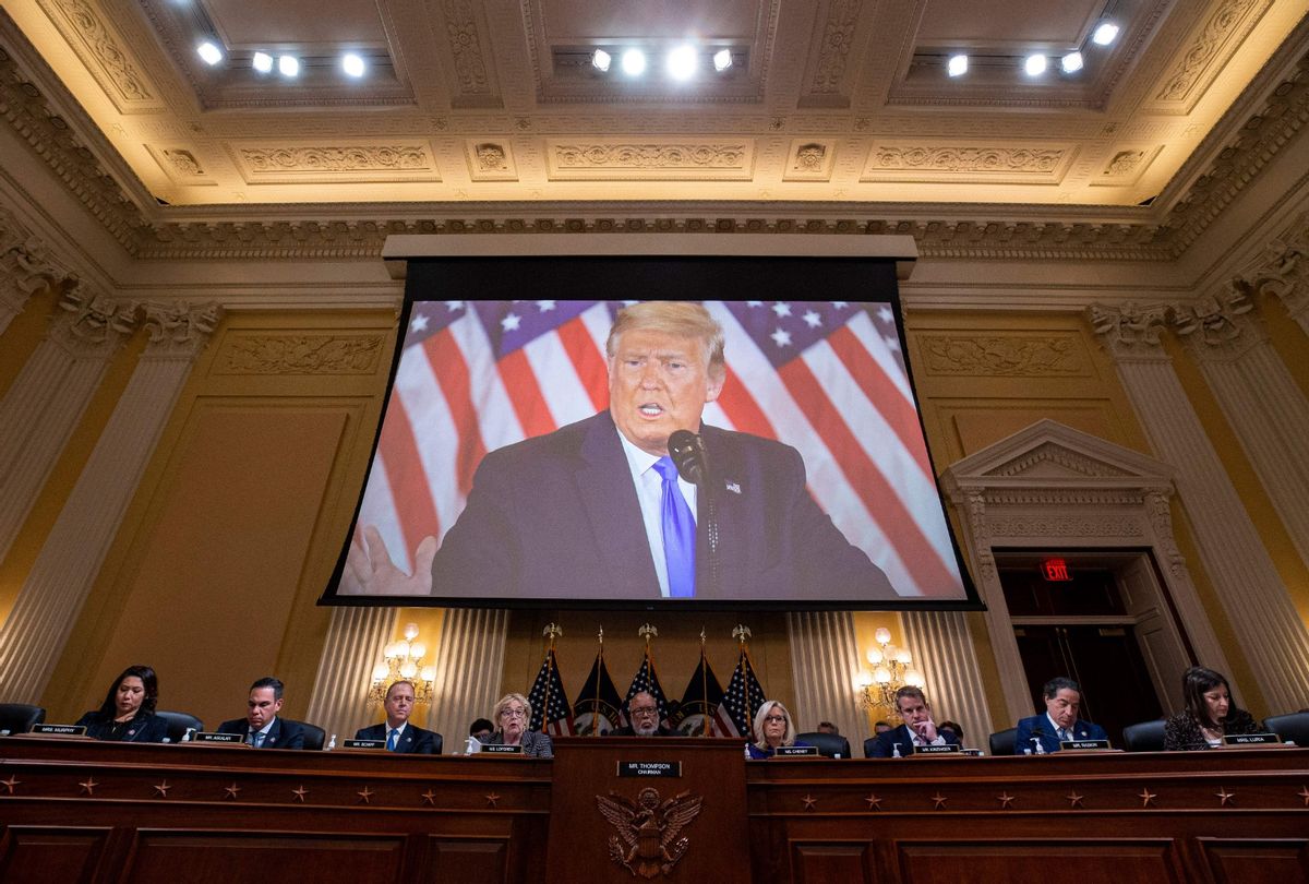Former President Donald Trump is displayed on a screen during the final House Select Committee hearing to Investigate the January 6 Attack on the US Capitol, on Capitol Hill in Washington, DC, on December 19, 2022.  (AL DRAGO/POOL/AFP via Getty Images)