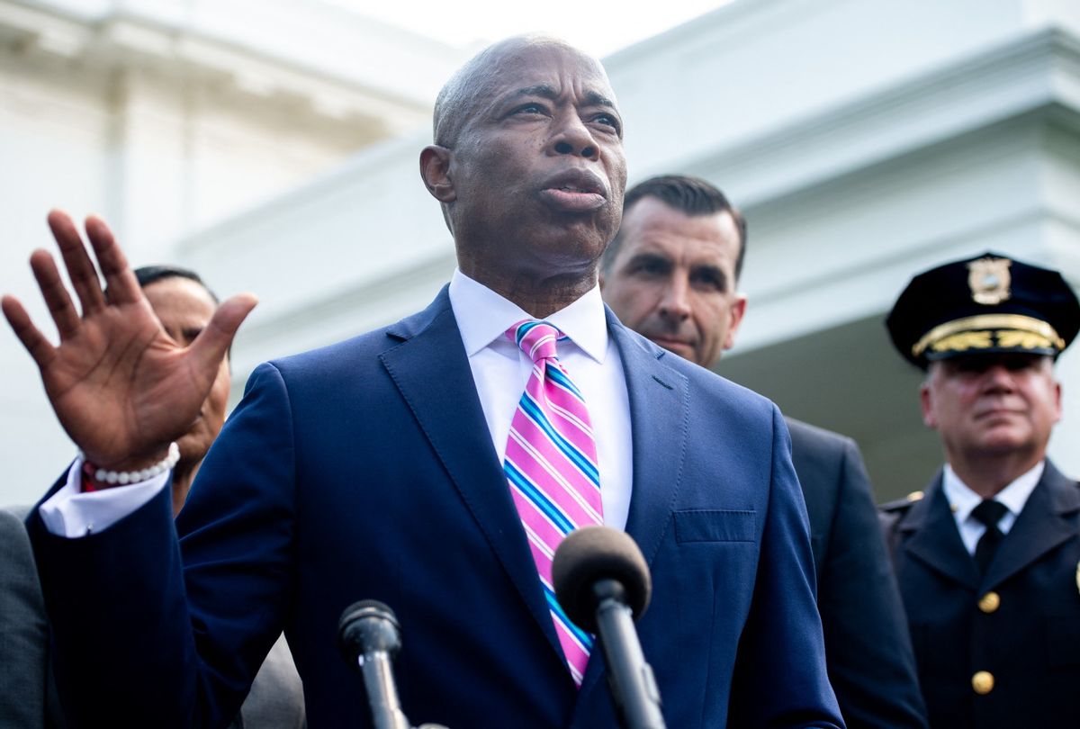 New York City Mayor Eric Adams (C) speaks to the media alongside other local and law enforcement officials outside the West Wing of the White House in Washington, DC, July 12, 2021. (SAUL LOEB/AFP via Getty Images)