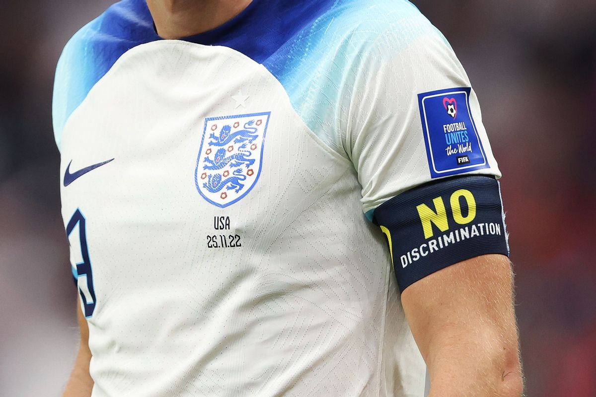 A player wearing a No Discrimination Captains armband during the FIFA World Cup Qatar 2022 Group B match between England and USA at Al Bayt Stadium on November 25, 2022 in Al Khor, Qatar. (Matthew Ashton - AMA/Getty Images)