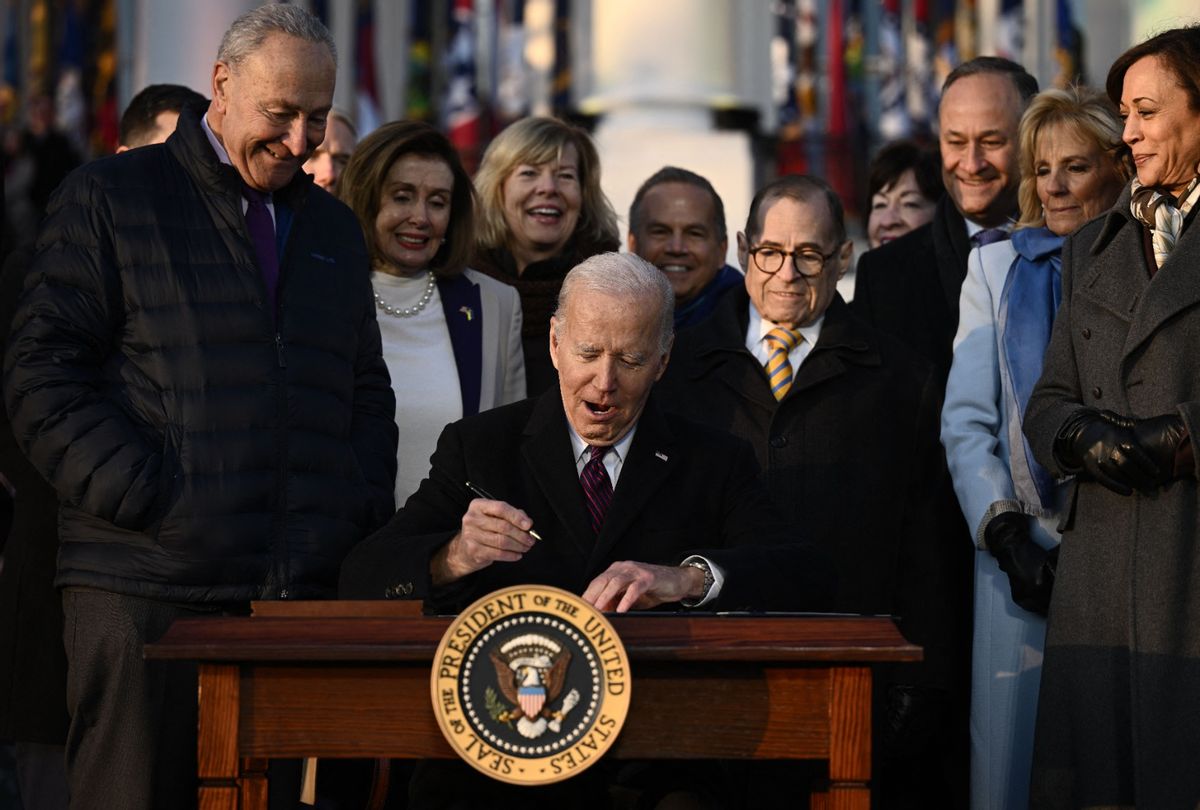 President Joe Biden signs the Respect for Marriage Act on the South Law of the White House in Washington, DC on December 13, 2022. ((BRENDAN SMIALOWSKI/AFP via Getty Images))