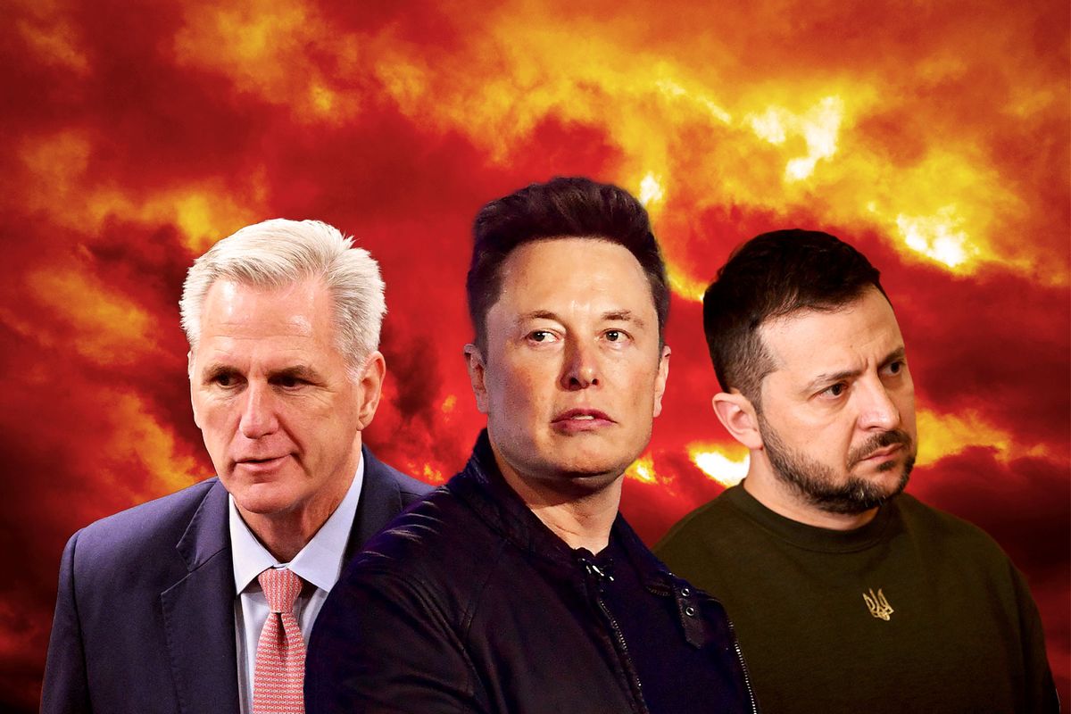 Kevin McCarthy, Elon Musk and Volodymyr Zelensky (Photo illustration by Salon/Getty Images)