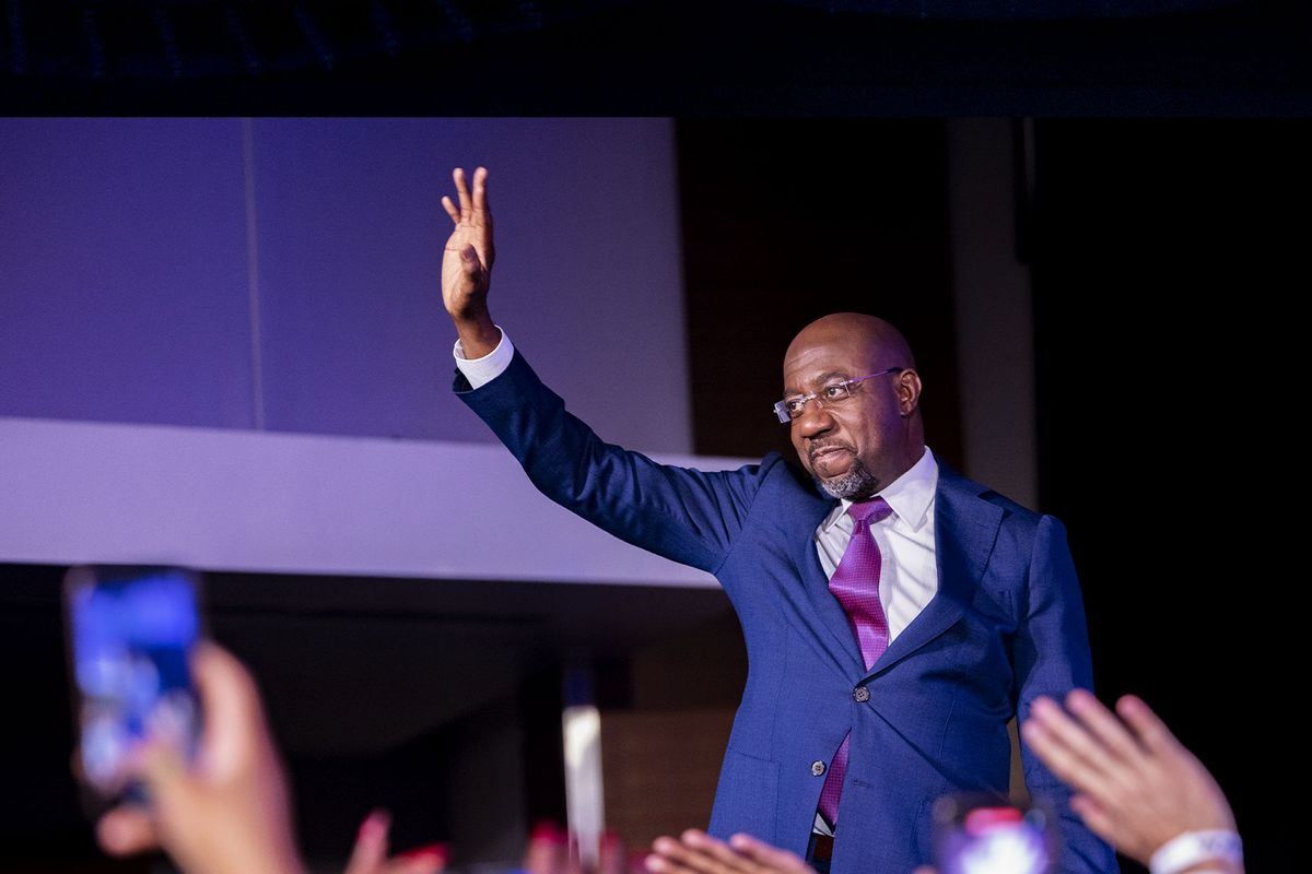 Senator Reverend Raphael Warnock (D-GA) arrives to deliver a victory speech at his election night party in Atlanta, Georgia on December 6th, 2022 following the state Senate runoff election. (Nathan Posner/Anadolu Agency via Getty Images)