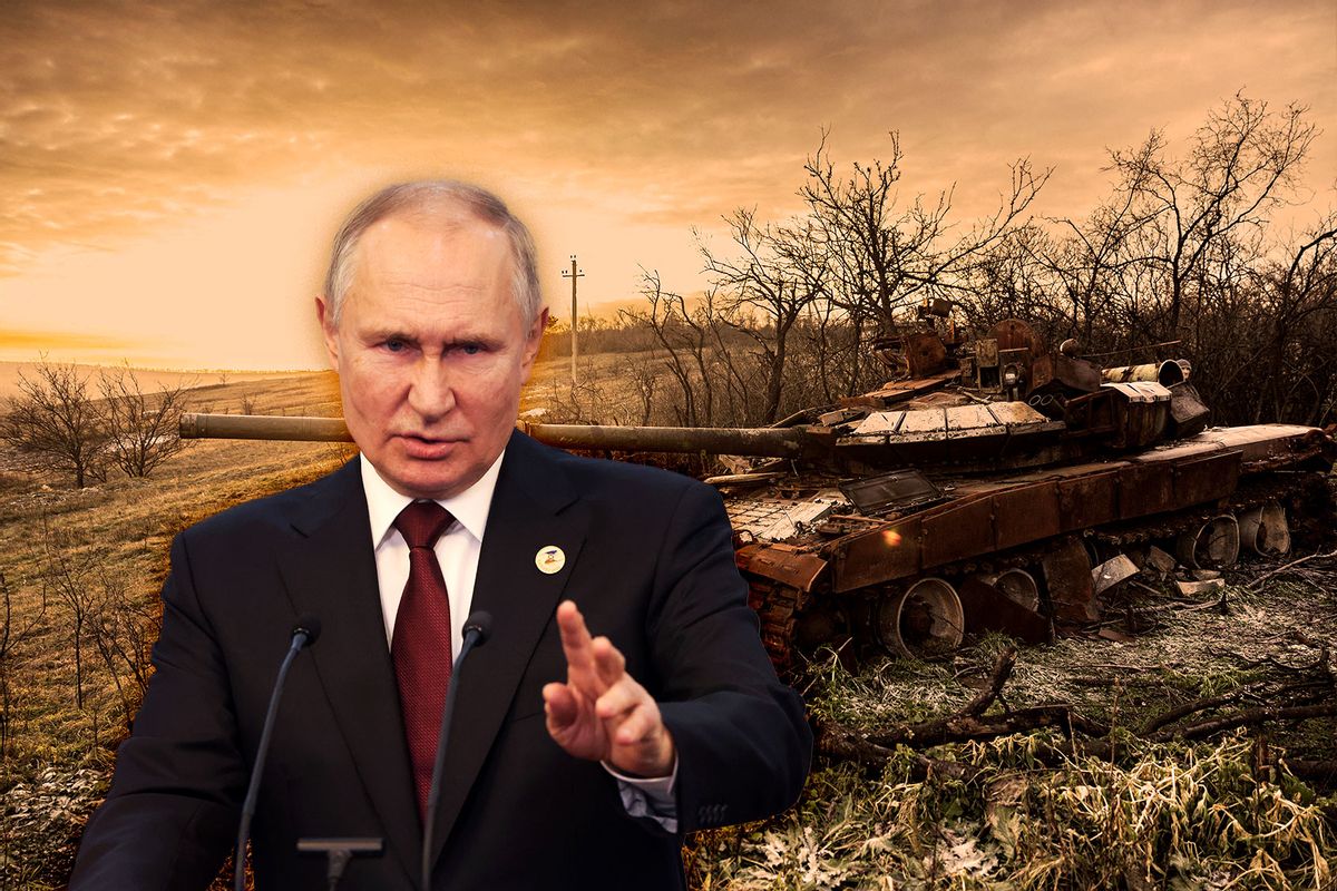 Russian President Vladimir Putin | Destroyed Russian tank in the village of Bohorodychne, eastern Ukraine (Photo illustration by Salon/Getty Images)