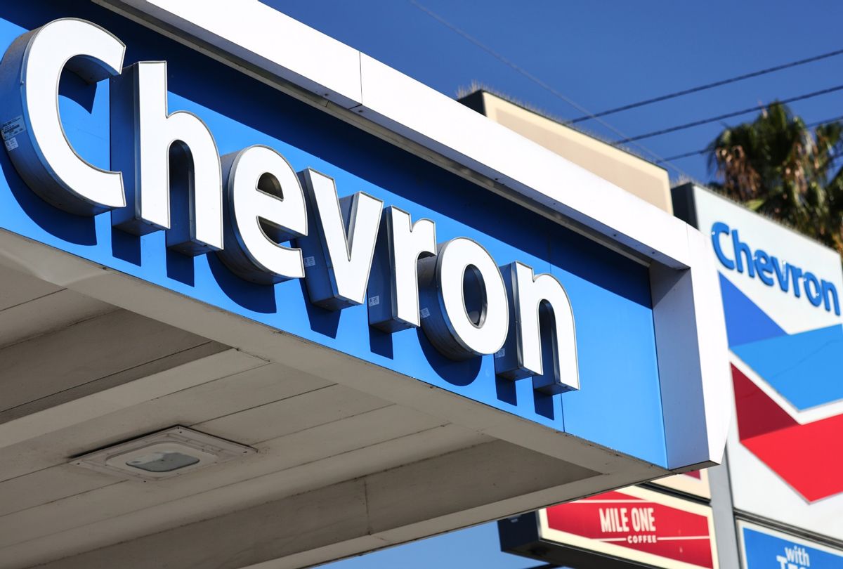 The Chevron logo is displayed at a Chevron gas station on October 28, 2022 in Los Angeles, California. Chevron posted near record profits as their quarterly profit rose 84 percent to $11.23 billion amid a surge in oil prices during the quarter.  ( Mario Tama/Getty Images)