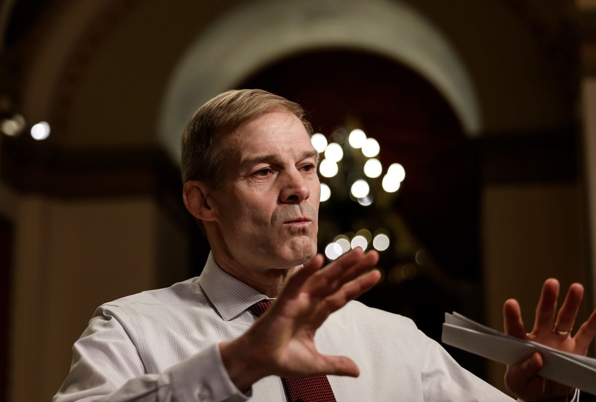 Rep. Jim Jordan (R-OH) speaks during an on-camera interview near the House Chambers during a series of votes in the U.S. Capitol Building on January 09, 2023 in Washington, DC. 