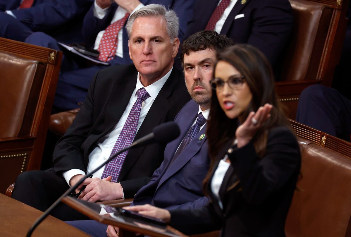 House Republican Leader Kevin McCarthy (L) listens as Rep. Lauren Boebert (R-CO) (R) delivers remarks in the House Chamber during the second day of elections for Speaker of the House at the U.S. Capitol Building on January 04, 2023 in Washington, DC.  (Chip Somodevilla/Getty Images)