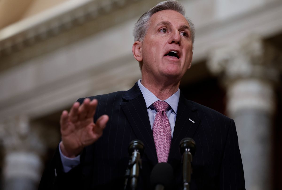 Speaker Kevin McCarthy (R-CA) speaks at a news conference in Statuary Hall of the U.S. Capitol Building on January 12, 2023 in Washington, DC.  (Anna Moneymaker/Getty Images)