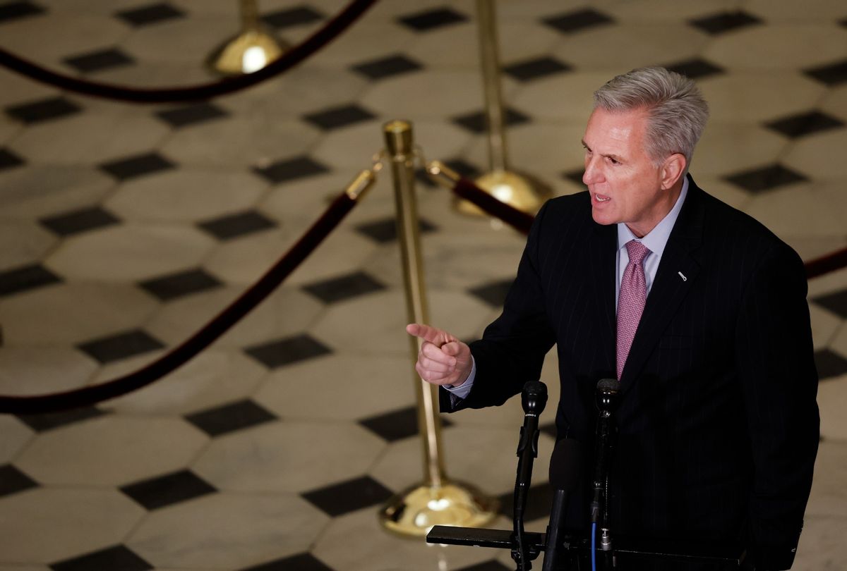 Speaker Kevin McCarthy (R-CA) speaks at a news conference in Statuary Hall of the U.S. Capitol Building on January 12, 2023 in Washington, DC. (Anna Moneymaker/Getty Images)