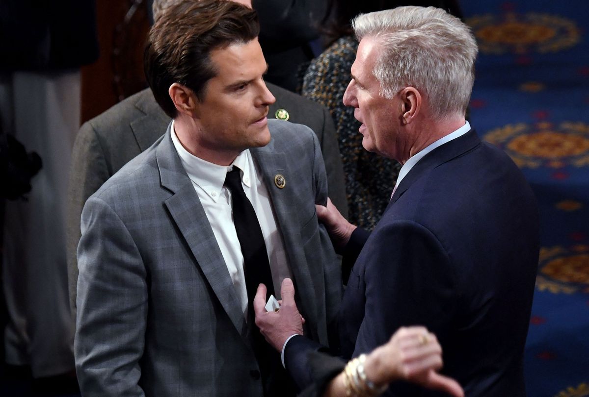 Kevin McCarthy (R-CA) speaks to Matt Gaetz (R-FL) in the House Chamber at the US Capitol in Washington, DC, on January 6, 2023. (OLIVIER DOULIERY/AFP via Getty Images)