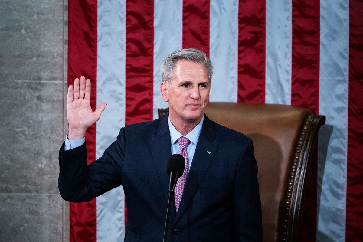 Speaker of the House Kevin McCarthy, R-Calif., is sworn in after he won the speakership on the 15th ballot on Saturday, January 7, 2023. (Tom Williams/CQ-Roll Call, Inc via Getty Images)