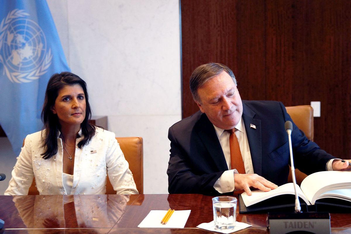 U.S. Secretary of State Mike Pompeo (R) and US Ambassador to the UN Nikki Haley (L) sit together at the United Nations Headquarters in New York, United States on July 20, 2018. (Atilgan Ozdil/Anadolu Agency/Getty Images)
