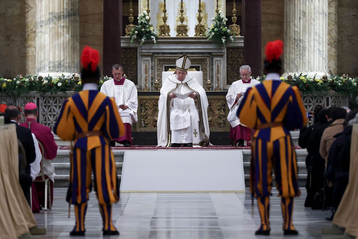 Pope Francis leads the celebration of the second vespers on the occasion of the the solemnity of the conversion of St. Paul at St. Paul's Basilica on January 25, 2023 in Rome, Italy. (Alessandra Benedetti - Corbis/Corbis via Getty Images)