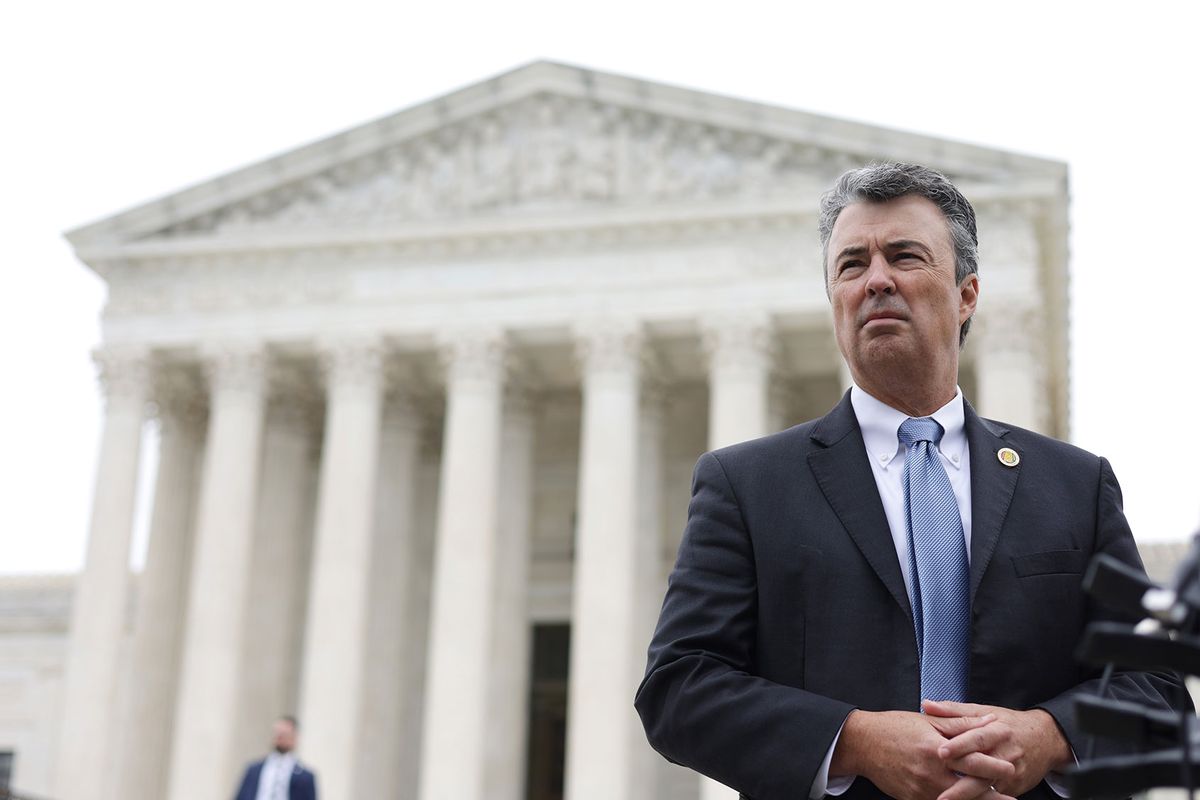 Attorney General of Alabama Steve Marshall speaks to members of the press after the oral argument of the Merrill v. Milligan case at the U.S. Supreme Court on October 4, 2022 in Washington, DC. (Alex Wong/Getty Images)